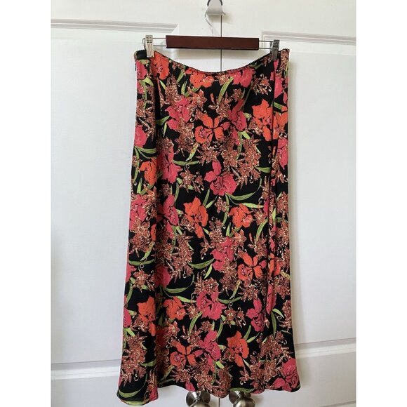 Y2K Croft & Barrow Midi Skirt Womens 18 Linen Black Red Floral Hibiscus Flared - Picture 2 of 8